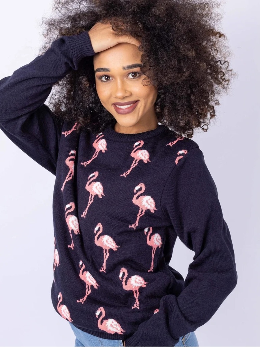Run & Fly Crewneck Sweater with Pink Flamingo Pattern